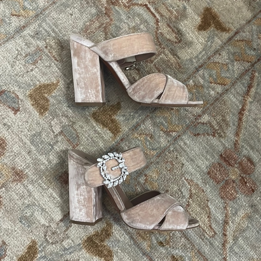 Tabitha Simmons Reyner Blush Pink Velvet Crystal Buckle Heels Mules size 37 7